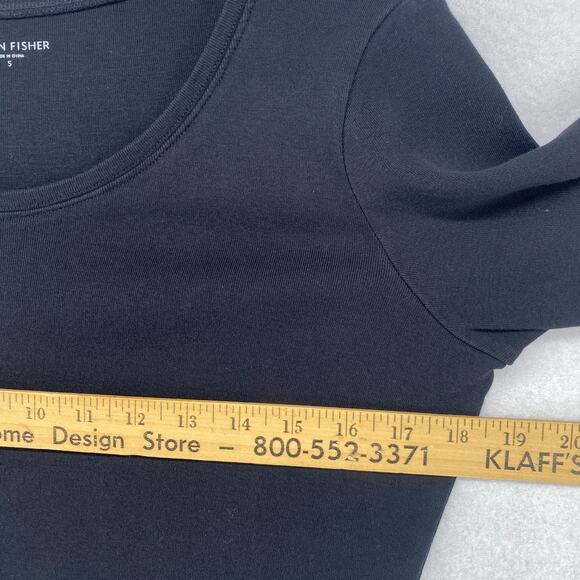 EILEEN FISHER Top S Organic Cotton Ribbed Jersey Scoop Neck Elbow Sleeve Black - Picture 7 of 9